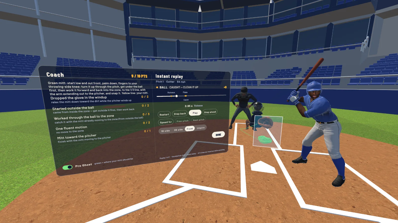 Instant replay from out front: one card with the coach's notes and Pro Ghost switch on the left and the replay controls on the right